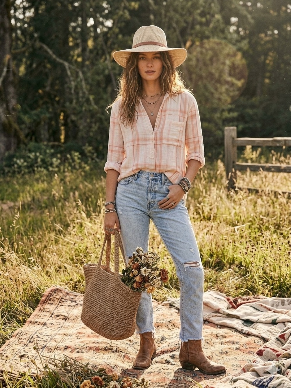 Free People Peach Cotton Gauze Plaid Button-Down Shirt Size S